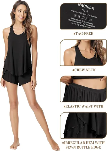 Miniatura 4 de NACHILA Conjunto de pijama para mujer, camiseta sin mangas de bambú acanalada con espalda cruzada y pantalones cortos, ropa de dormir sin mangas