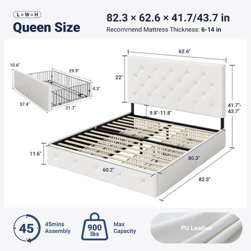 Miniatura 2 de Allewie - Base de cama con plataforma tapizada tamaño Queen, con 4 cajones de almacenamiento y cabecera, botón cosido en forma de diamante, base