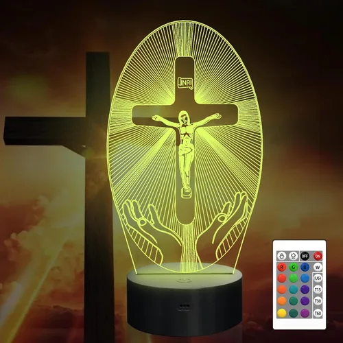 Miniatura 10 de Attivolife Cruz de Jesús 3D Luz Nocturna, Lámpara de Ilusión Óptica Holograma Cristiana con Control Remoto de 16 Colores Cambiantes, Lámpara LED