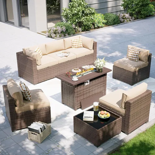 Miniatura 17 de Aoxun Juego de muebles de patio, 7 piezas de sofás seccionales para exteriores con funda impermeable, mimbre de ratán para exteriores, juego