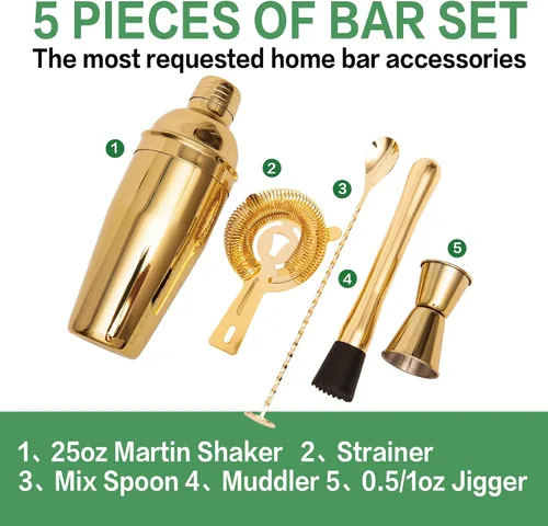 Miniatura 2 de Juego de coctelera de barman, juego de 5 piezas de barra de acero inoxidable para barman profesional y hogar (dorado, 5 piezas)