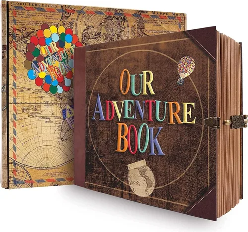 JIMBON Nuestro libro de aventuras álbum de recortes de fotos estilo retro con tapa de letras en relieve diario de viaje, kit de libro de recortes