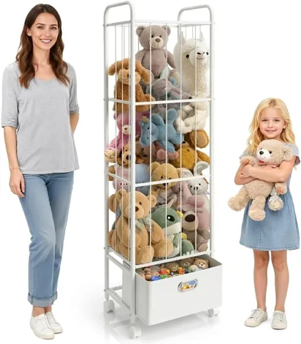 Almacenamiento de animales de peluche, soporte de metal para zoológico con cajón de tela y ruedas verticales altos, organizador de juguetes, jaula