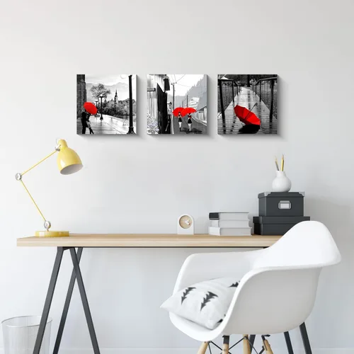 Miniatura 5 de NAN Wind 3 piezas de lienzo moderno Giclée impresiones en blanco y negro con paraguas rojos, lienzo romántico para parejas, pinturas de paisaje rojo