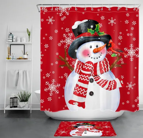 Miniatura 16 de LB Cortina de ducha de muñeco de nieve azul para baño, árbol de Navidad y copo de nieve en invierno con ganchos, juego de cortina de baño