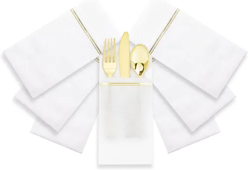 Miniatura 8 de Nervure 100 servilletas de papel doradas con bolsillo integrado para cubiertos - Servilletas desechables preplegadas blancas y doradas tipo tela