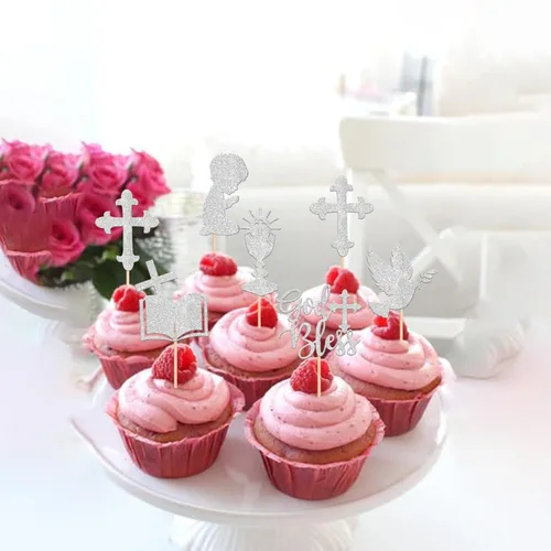 Miniatura 3 de 24 piezas de decoración para magdalenas con purpurina de paloma con brillantina, cáliz de la Biblia, para magdalenas, decoración de pasteles