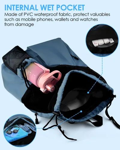 Miniatura 6 de BROTOU Mochila de playa para natación con bolsillo húmedo de malla y cordón, bolsas para nadar, gimnasio Azul marino
