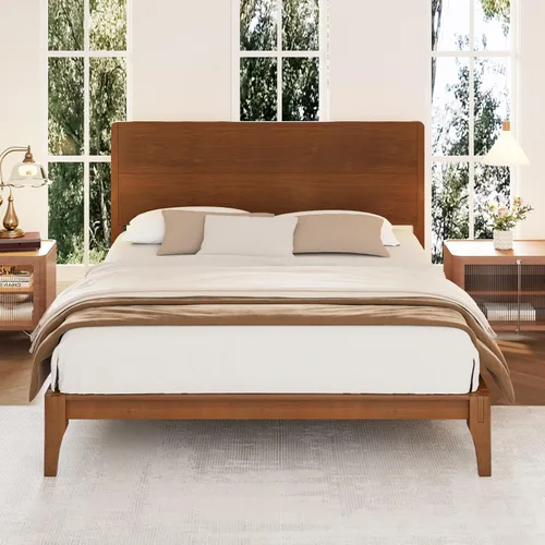 Mid-Century - Cama moderna de plataforma de bambú de 12 pulgadas, soporte de metal con listones de madera, no necesita somier, color marrón