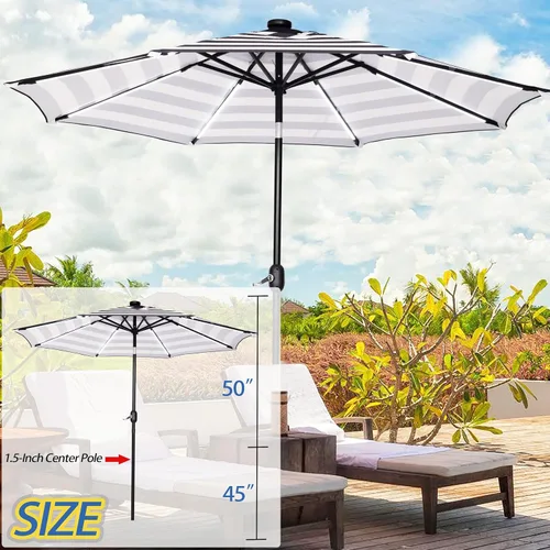Miniatura 6 de Sunnyglade Sombrilla solar de patio con luz LED para exteriores de 9 pies con 8 tiras de luces LED y 8 varillas, práctico sistema de elevación