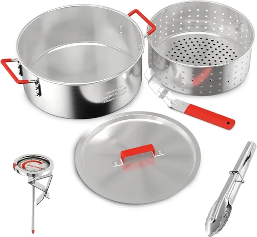 Miniatura 8 de Freidora de pescado de aluminio de 10 cuartos con cesta, freidora con tapa, termómetro, pinzas para freidora y mango de fácil agarre para cocinar