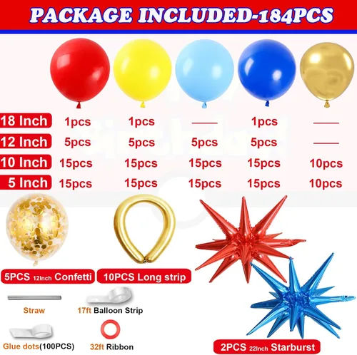 Miniatura 2 de Kit de arco de globos de dibujos animados, 184 globos largos de confeti de color rojo, amarillo, azul, dorado con globo de aluminio de estrella