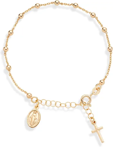 Miabella 18K Gold Over Sterling Silver Italian Rosary Cross Bead Charm Link Chain Bracelet for Women Teen Girls, Adjustable, 925 Made in Italy