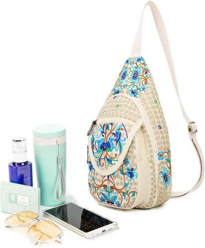 Miniatura 6 de SILKAREA Bolso bandolera pequeño de lona vintage para mujer, bolso cruzado, bolso cruzado bohemio bordado mochila (beige azul)