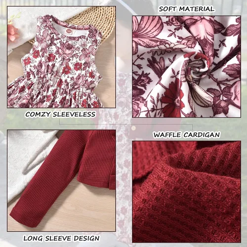 Miniatura 4 de HINTINA Conjunto de 2 piezas de vestido y cárdigan para niñas pequeñas, vestido sin mangas con estampado floral y cárdigan de manga larga