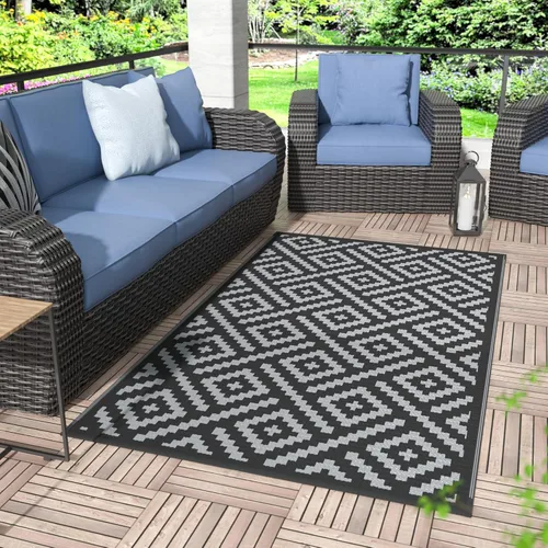 Miniatura 13 de GENIMO Alfombra de exterior impermeable de 5 x 8 pies, alfombras reversibles, alfombra de área, alfombra de plástico para exteriores, alfombra Negro