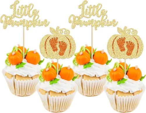 Miniatura 15 de 24 adornos para cupcakes de calabaza para niños o niñas con purpurina para revelación de género, decoración para cupcakes de calabaza, pies