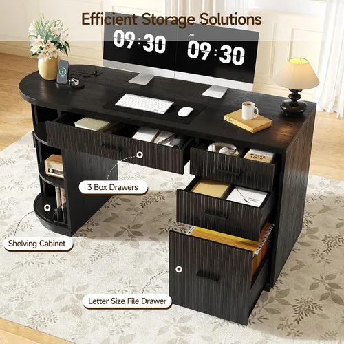 Miniatura 4 de ONBRILL Escritorio ejecutivo acanalado de 58 pulgadas, escritorio para computadora con cajones de almacenamiento y cajón de archivos, moderno Negro