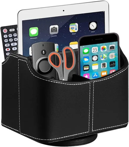 Miniatura 9 de Organizador de control remoto de piel sintética con diseño giratorio de 360°, organizador de escritorio para control remoto de TV, teléfono
