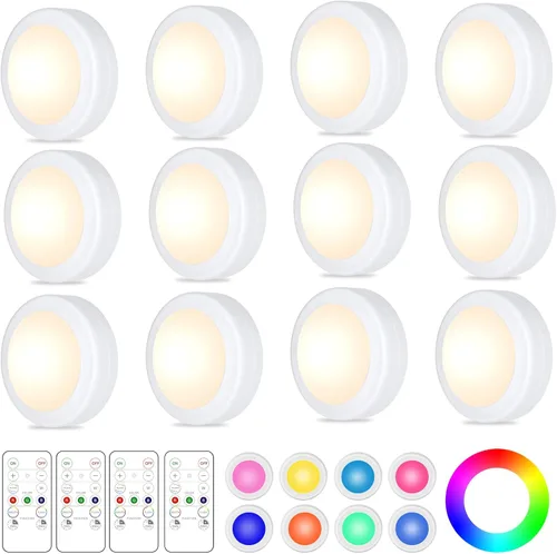 Miniatura 12 de Yiliaw - Paquete de 6 luces LED de disco con control remoto, 16 colores cambiables, iluminación LED debajo del gabinete, luces operadas por Negro