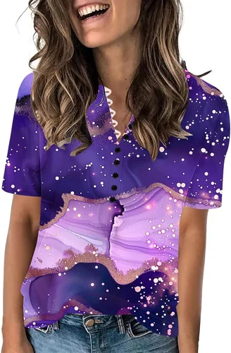 Miniatura 160 de Summer Shirts for Women 2025 Plus Size Short Sleeve Henley Tops Marble Floral Loose Tshirt Tee Casual Dressy Tunics