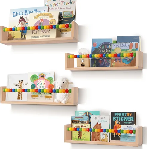 Miniatura 4 de Juego de 4 estantes flotantes para libros de guardería, estantes flotantes para pared de estantería, estantería para niños (cuentas de cinco colores)