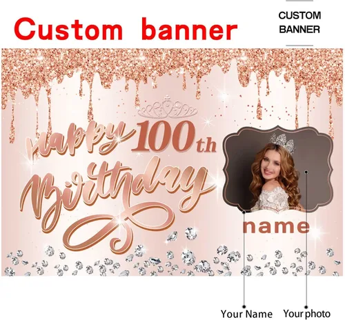 Miniatura 2 de Cartel personalizable de decoración de feliz cumpleaños número 100 de oro rosa, personalizado con nombre y foto
