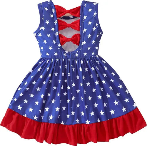 Miniatura 8 de Popshion Vestidos de verano para niñas con estampado de leopardo, vestido con lazo en la espalda, ropa de dinosaurio, sin mangas, para niños
