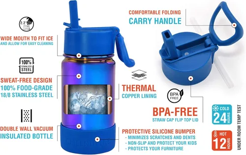 Miniatura 3 de CHILLOUT LIFE Botella de agua aislada para niños de 12 onzas para la escuela con tapa con pajilla, a prueba de fugas y bonitas calcomanías Azul