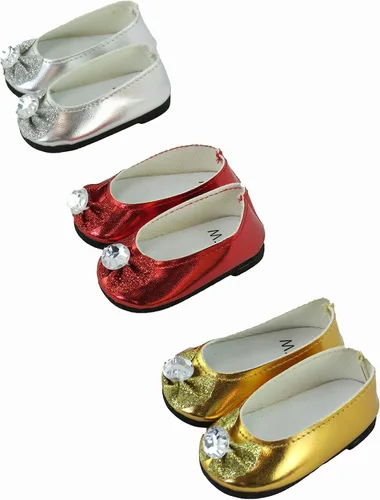 Miniatura 9 de American Fashion World Zapatos planos con lazo de diamante metálico rosa intenso, lavanda y verde azulado para muñecas de 14 pulgadas, paquete de 3