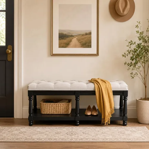Miniatura 4 de Kmax Banco de Almacenamiento para Entrada Acolchado Banco Zapatero Banco de Ventana de Madera Negra para Pasillo Entrada Dormitorio Esquina, Beige