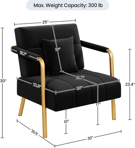 Miniatura 3 de Yaheetech Silla decorativa de terciopelo de 30 pulgadas de ancho, silla de sala de estar con marco dorado y almohada acogedora para sala de estar