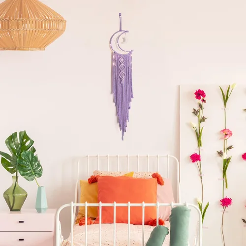 Miniatura 4 de Colgante de pared tejido de macramé bohemio para niña, atrapasueños de luna creciente y estrella de ganchillo con luz, algodón morado, hecho a mano