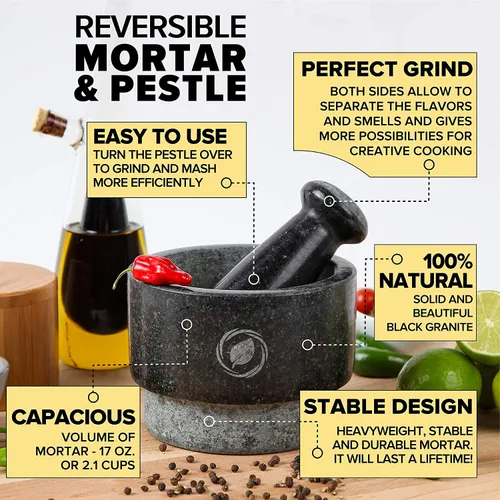 Miniatura 4 de Laevo Juego grande de mortero y mortero - Molinillo de especias de piedra de granito negro, capacidad de 2.1 tazas, 5.5 pulgadas - Molcajete Mármol