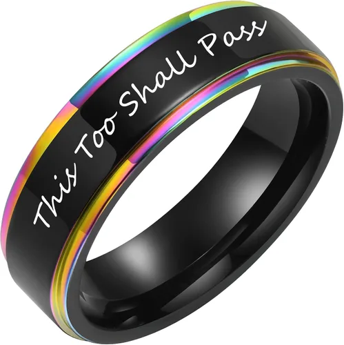MPRAINBOW Joyería inspiradora de acero inoxidable, anillo de arco iris negro, cita motivadora oculta, grabado, animación, cumpleaños, graduación,