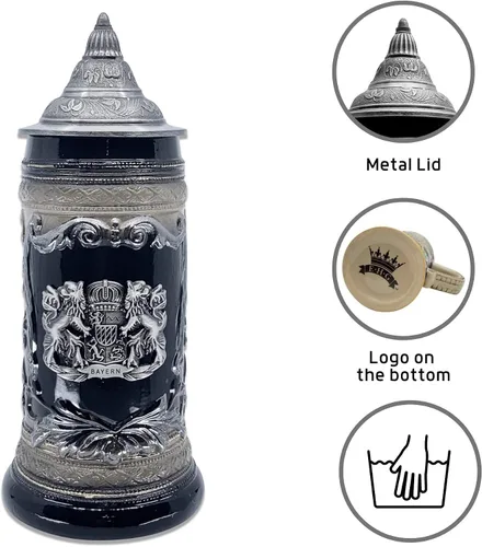 Miniatura 2 de OktoberfestHaus - Taza de cerveza con escudo de armas del Bayern alemán, escudo de armas con emblema de metal en color negro carbón con tapa