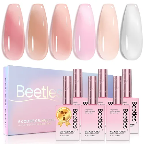 Miniatura 22 de Beetles - Juego de esmaltes de uñas de gel Jelly de 6 colores, tonos nude, rosa, marrón, con brillo y efecto de glitter, kit de esmaltes de gel