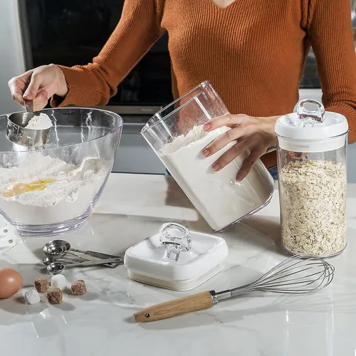 Miniatura 4 de Felli Flip Tite Recipiente de almacenamiento de alimentos con cuchara y tapa, anillo hermético grande de 5 pulgadas, recipiente acrílico para harina
