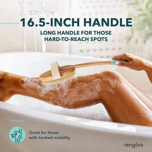 Miniatura 5 de Cepillo corporal de cepillado en seco, exfoliante corporal con cerdas naturales de jabalí, mango largo ergonómico desmontable, ideal para cepillado