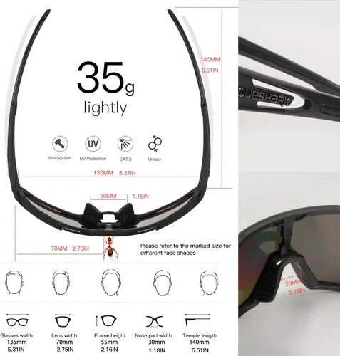 Miniatura 4 de Queshark - Gafas de ciclismo, lentes de sol deportivos para hombres y mujeres, 1 lente polarizada 2 HD, lentes de sol polarizados para ciclismo
