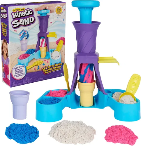 Kinetic Sand, Estación de servicio suave con arena de juego de 14 onzas (azul, rosa y blanco), 2 conos de helado y 2 herramientas, juguetes
