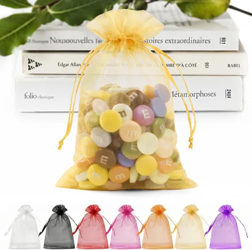 ANZNKU 50 bolsas de organza dorada de alta calidad de 5 x 7 pulgadas, bolsas de malla con cordón, bolsa de regalo tamaño pequeño, bolsa de organza