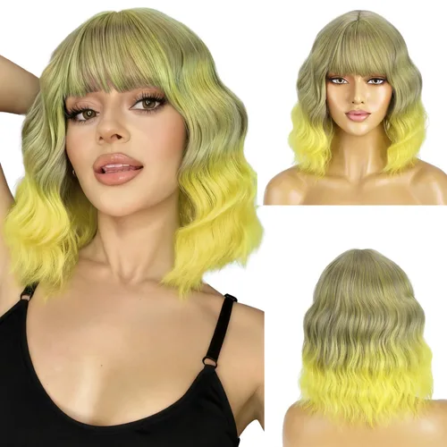Miniatura 18 de BERON 14 Inches Ash Blonde Wig with Bangs Short Curly Wig Short Ash Blonde Bob Synthetic Wigs for Women Daily Halloween Party or Cosplay Hairnet