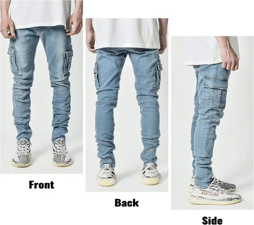 Miniatura 5 de Pantete Jeans cargo para hombre, ajustados, elásticos, de pierna recta, jeans ajustados a la moda con múltiples bolsillos