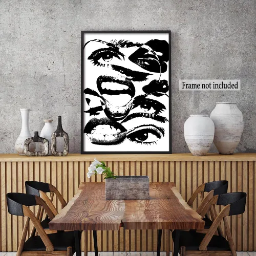 Miniatura 2 de Arte de pared retro hipster – Arte extraño en blanco y negro de los años 70 con ojos femeninos y labios – Impresión abstracta preppy – Decoración