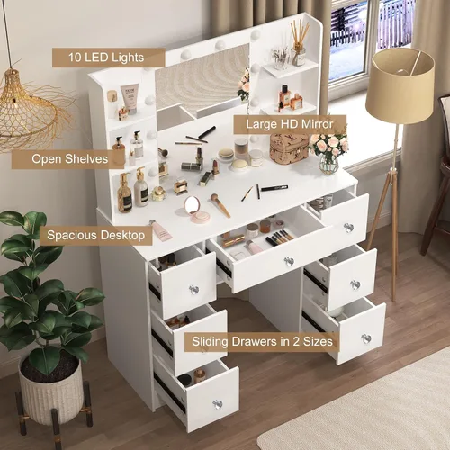Miniatura 2 de Escritorio de tocador con espejo de bombillas, 3 modos de luz ajustables, mesa de tocador de maquillaje con 7 cajones y 6 estantes