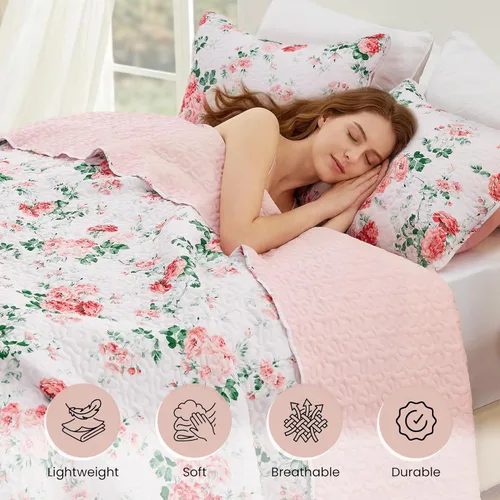 Miniatura 3 de EXQ Home Juego de edredón de 3 piezas, tamaño matrimonial, Queen, ligero, suave, estilo moderno, con patrón de Daphne rosa