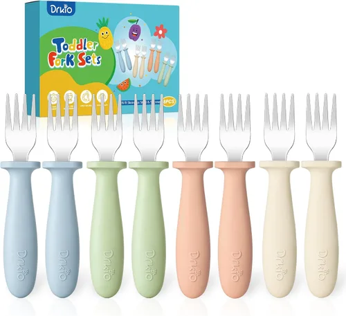 DRKIO Juego de 8 Tenedores para Niños Pequeños - Tenedores para Bebé con Mango de Silicona, Seguros para Niños, Acero Inoxidable 18/8, Juego de