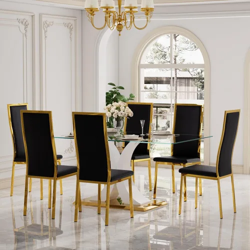 Miniatura 14 de Moderno juego de mesa de comedor rectangular de vidrio para 4, 63 pulgadas, mesa transparente de cocina de lujo con base negra y dorada, 4 sillas