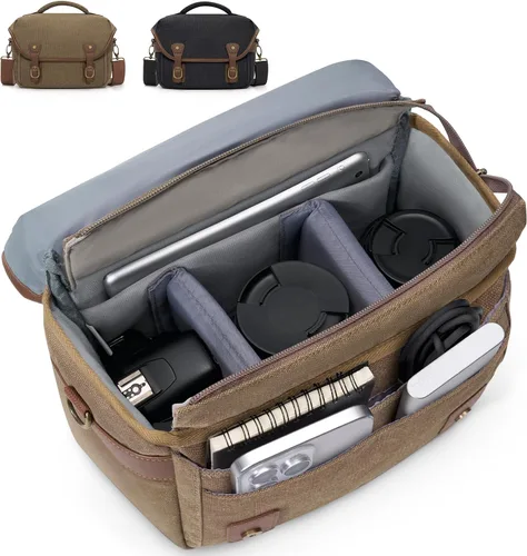 Miniatura 8 de RAINSMORE - Bolsa de cámara de lona, estuche para cámara DSLR/SLR/sin espejo, bolsas de hombro compactas para fotógrafos con funda para la lluvia